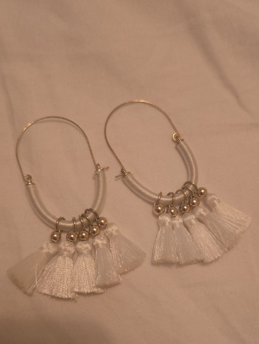 White Tassel Hoop Earrings with Gold Accents